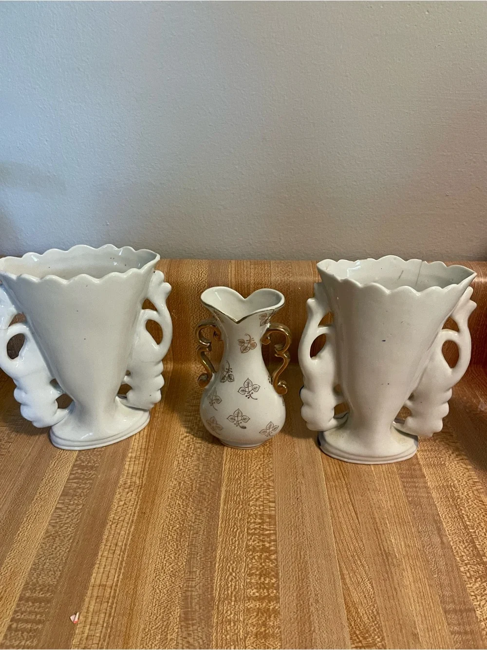 Vintage White and Blue Floral Ceramic Vase with Gold Handles